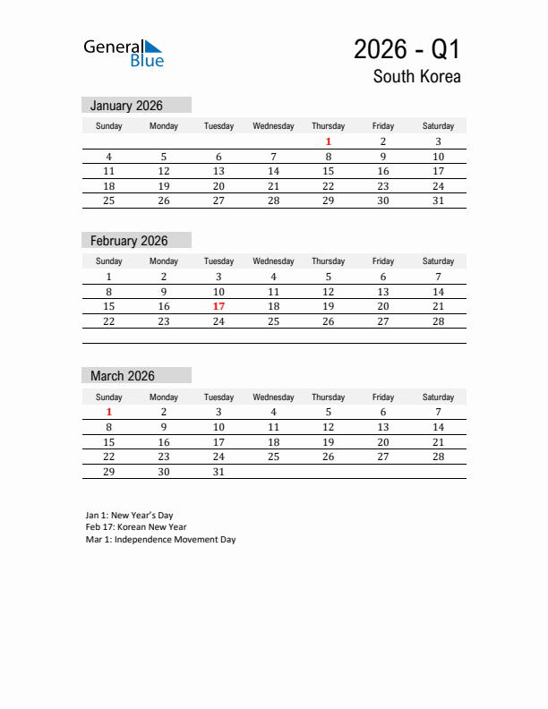 South Korea Quarter 1 2026 Calendar with Holidays