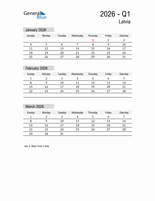 Latvia Quarter 1 2026 Calendar with Holidays