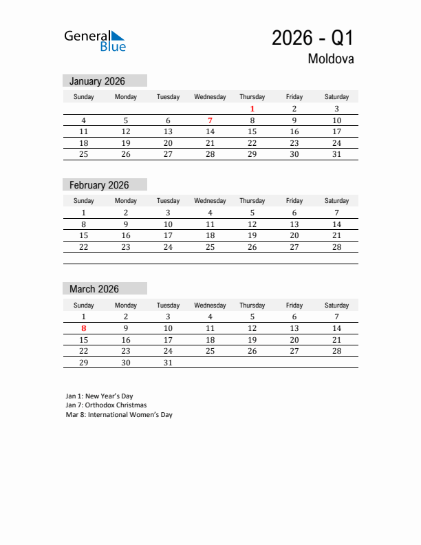 Moldova Quarter 1 2026 Calendar with Holidays