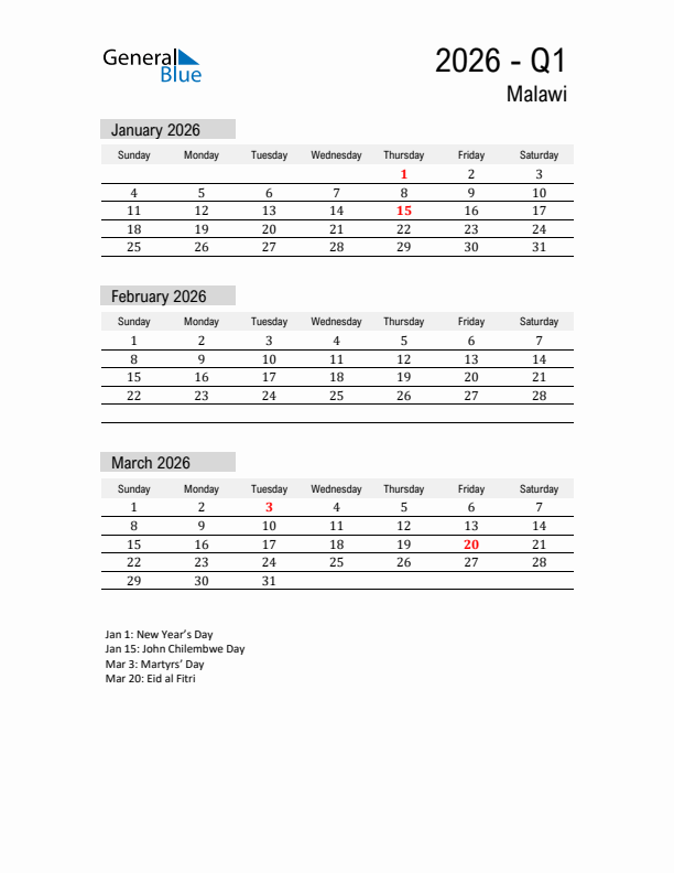 Malawi Quarter 1 2026 Calendar with Holidays