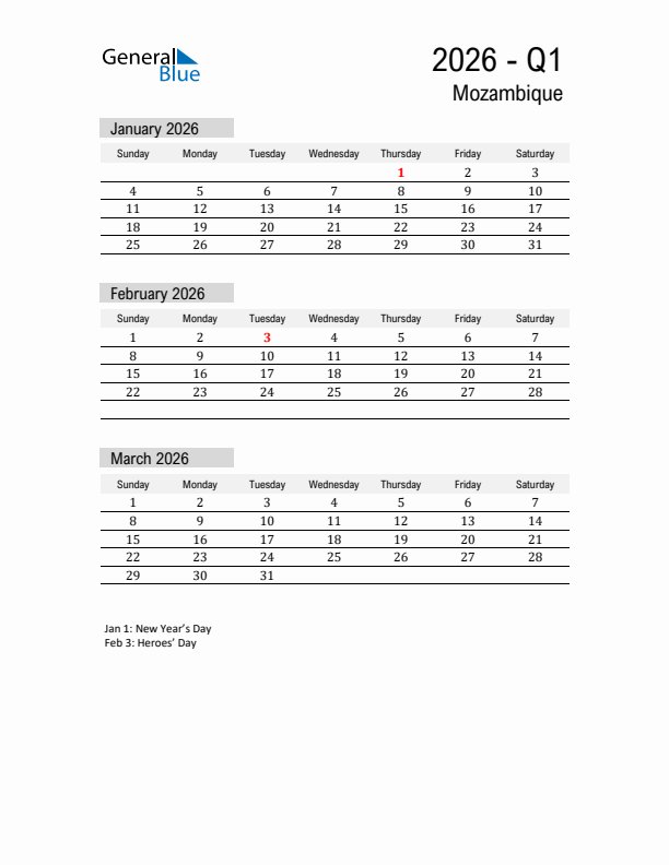 Mozambique Quarter 1 2026 Calendar with Holidays