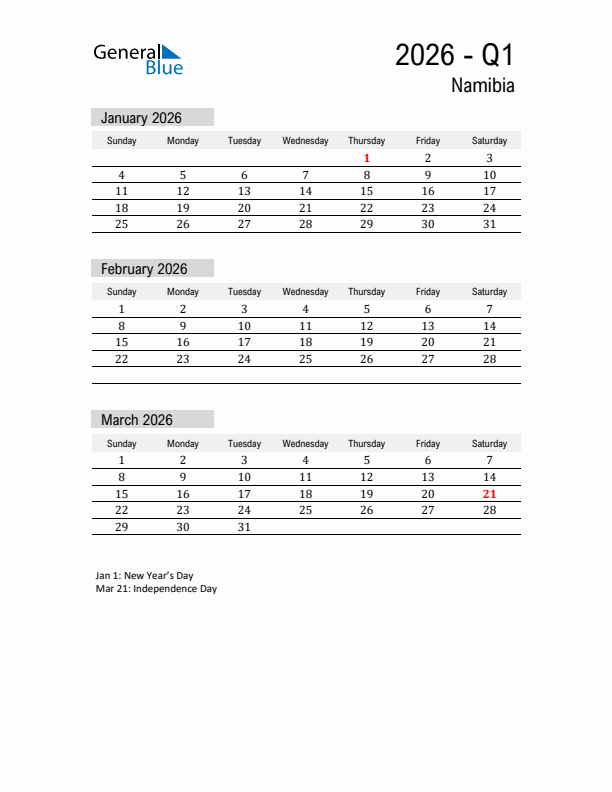 Namibia Quarter 1 2026 Calendar with Holidays