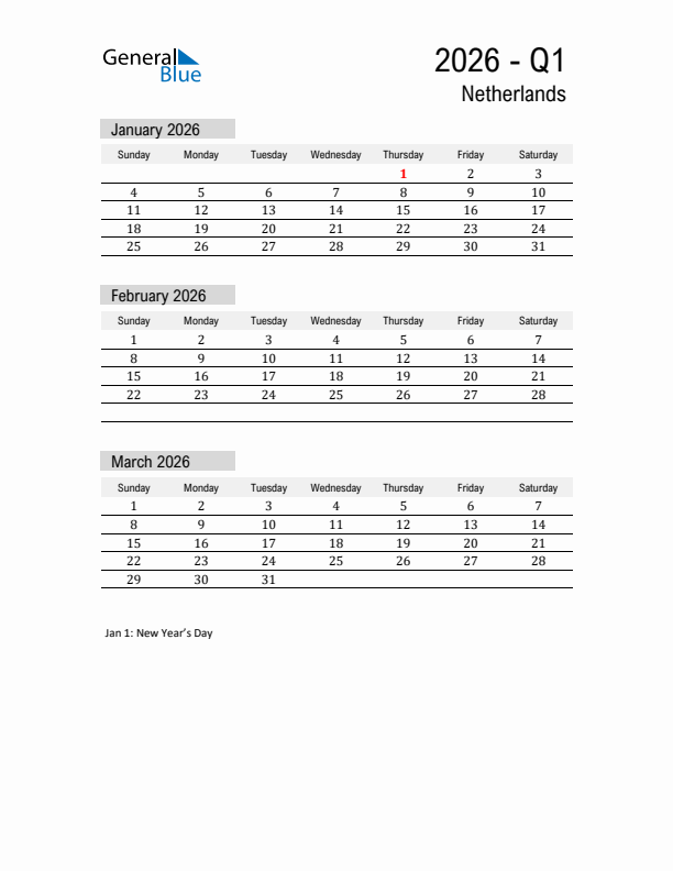 The Netherlands Quarter 1 2026 Calendar with Holidays