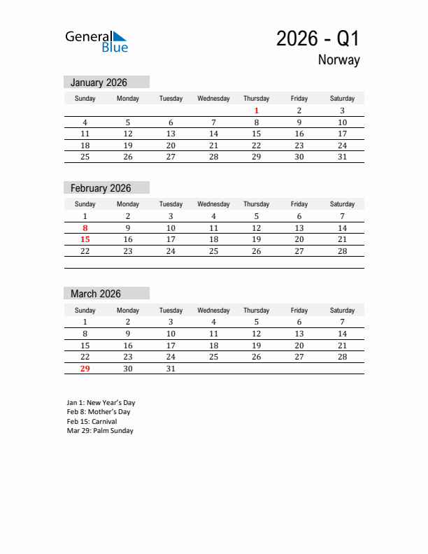 Norway Quarter 1 2026 Calendar with Holidays