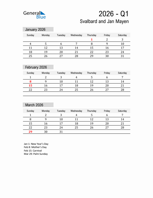 Svalbard and Jan Mayen Quarter 1 2026 Calendar with Holidays