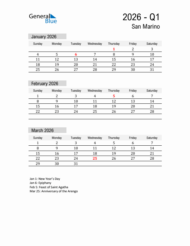 San Marino Quarter 1 2026 Calendar with Holidays