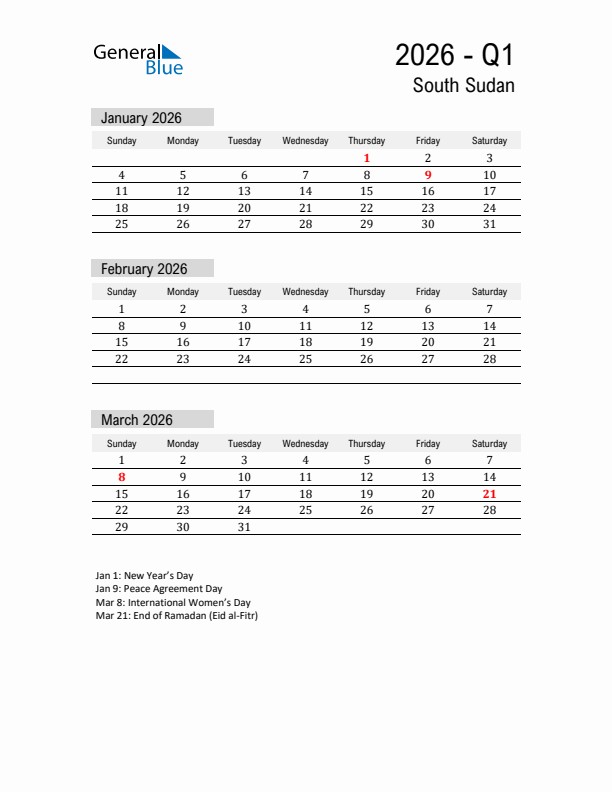 South Sudan Quarter 1 2026 Calendar with Holidays