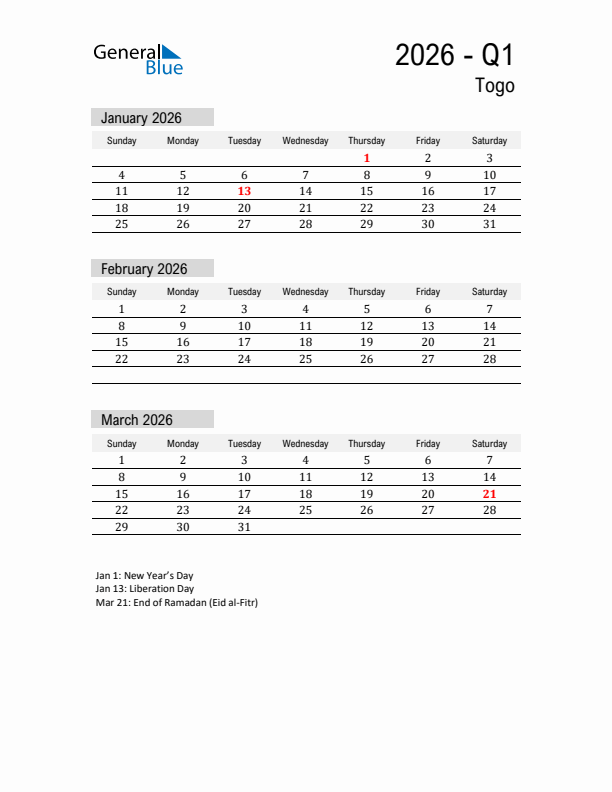 Togo Quarter 1 2026 Calendar with Holidays