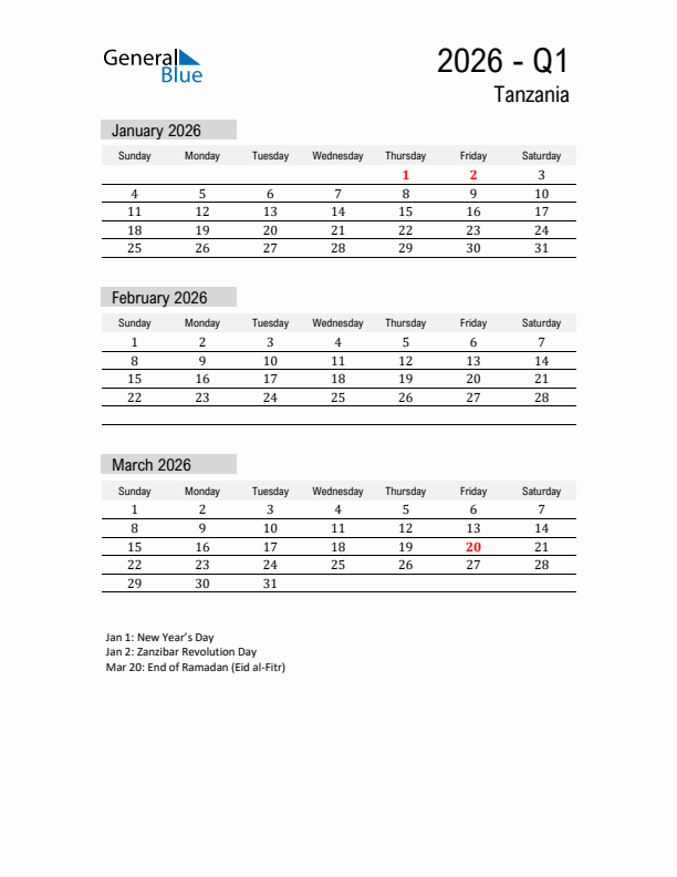 Tanzania Quarter 1 2026 Calendar with Holidays