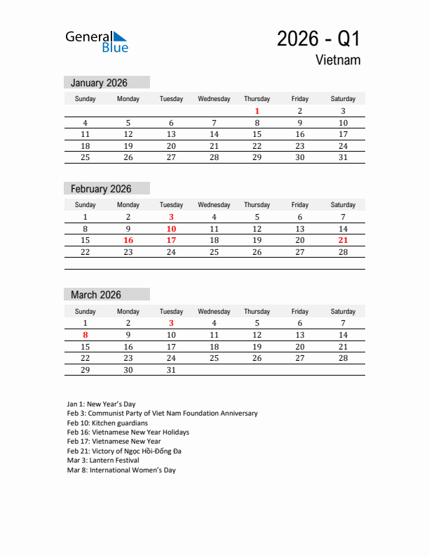 Vietnam Quarter 1 2026 Calendar with Holidays