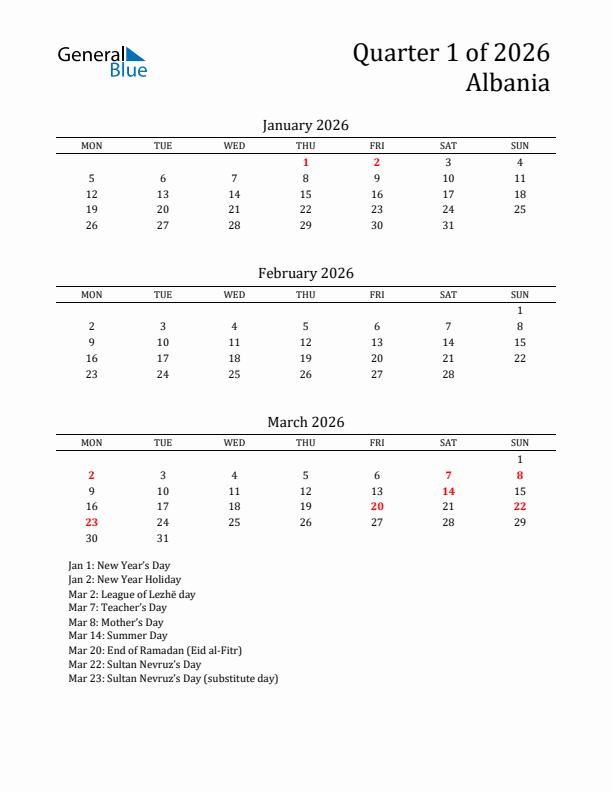 Quarter 1 2026 Albania Quarterly Calendar