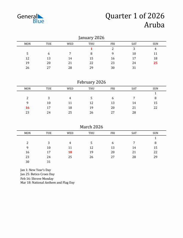 Quarter 1 2026 Aruba Quarterly Calendar