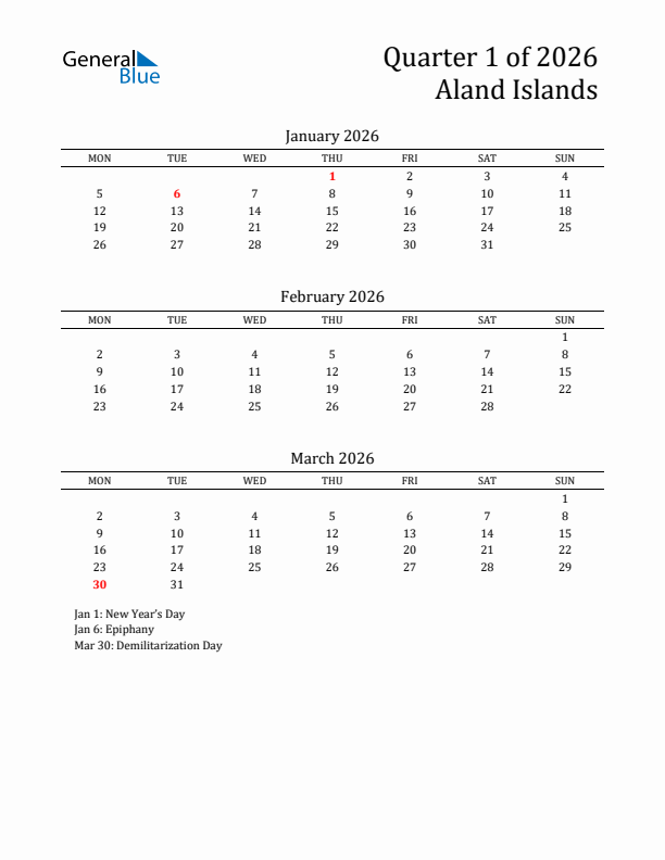 Quarter 1 2026 Aland Islands Quarterly Calendar