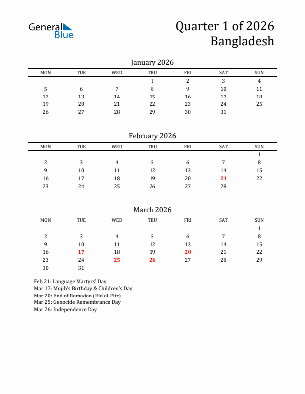 Quarter 1 2026 Bangladesh Quarterly Calendar