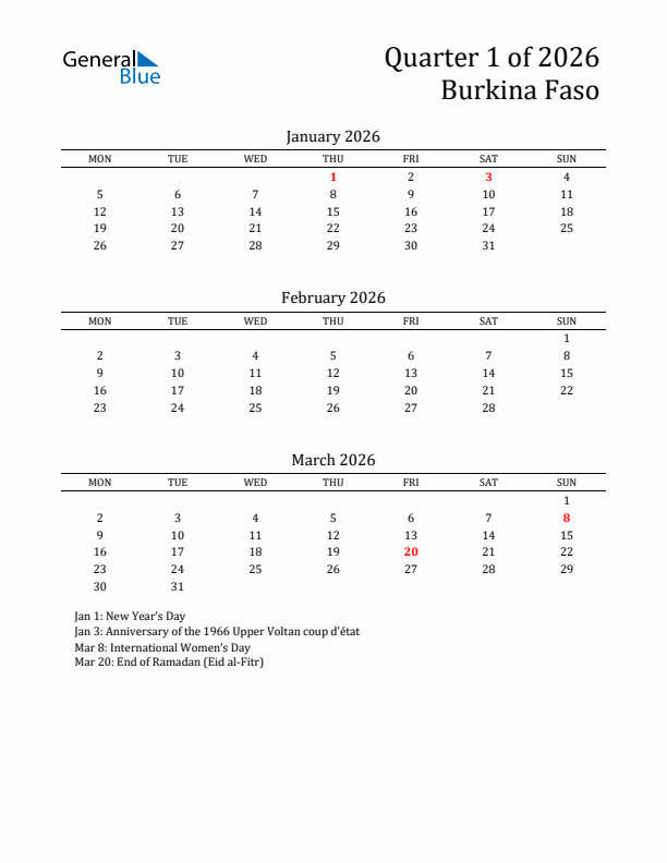 Quarter 1 2026 Burkina Faso Quarterly Calendar