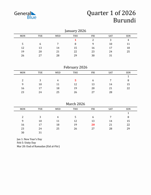 Quarter 1 2026 Burundi Quarterly Calendar