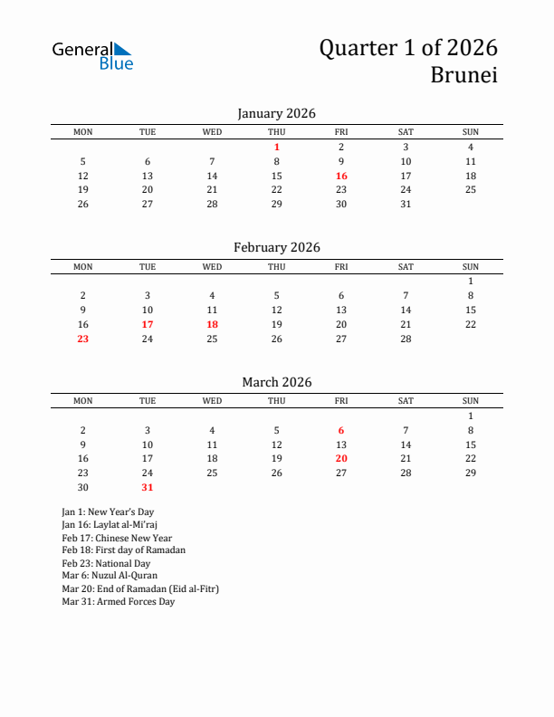 Quarter 1 2026 Brunei Quarterly Calendar