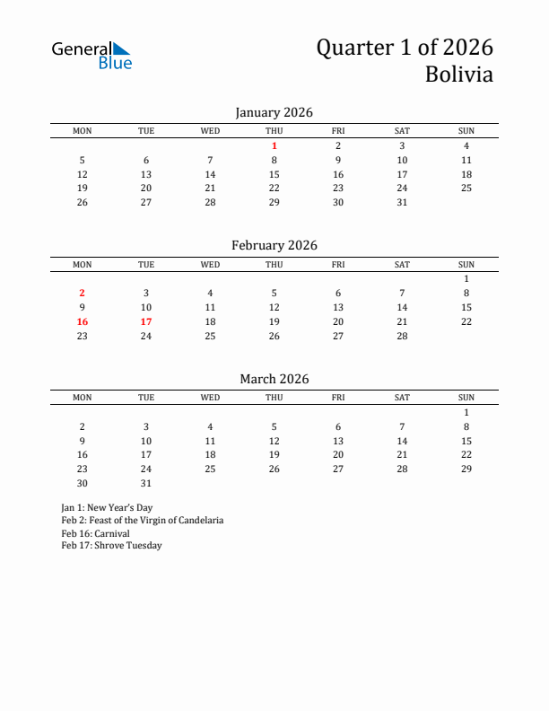 Quarter 1 2026 Bolivia Quarterly Calendar