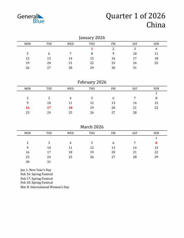 Quarter 1 2026 China Quarterly Calendar