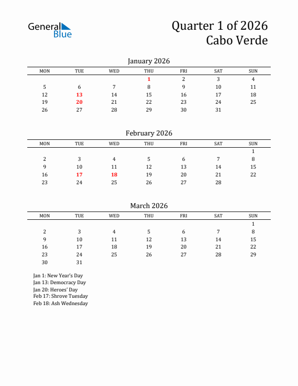 Quarter 1 2026 Cabo Verde Quarterly Calendar