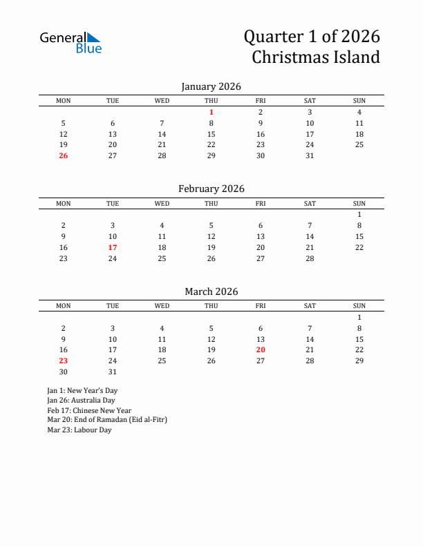 Quarter 1 2026 Christmas Island Quarterly Calendar