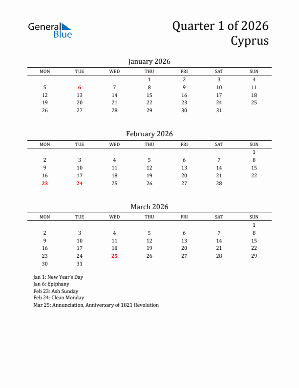 Quarter 1 2026 Cyprus Quarterly Calendar