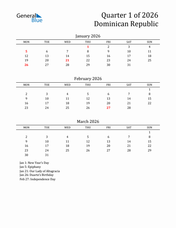 Quarter 1 2026 Dominican Republic Quarterly Calendar