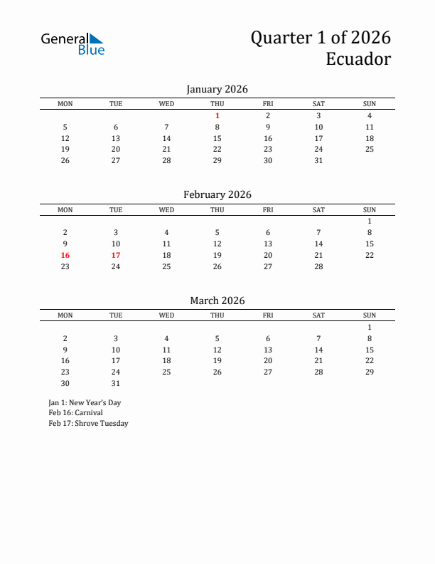 Quarter 1 2026 Ecuador Quarterly Calendar