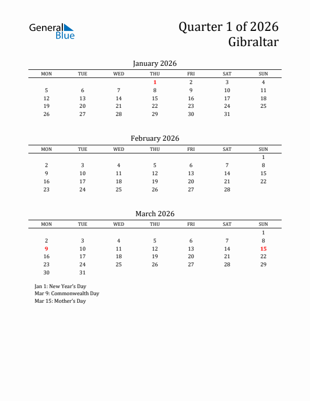 Quarter 1 2026 Gibraltar Quarterly Calendar