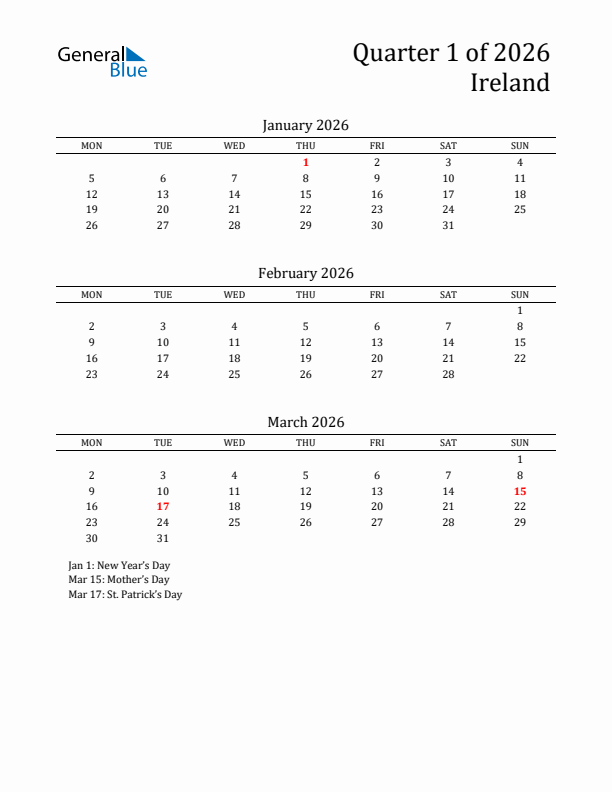 Quarter 1 2026 Ireland Quarterly Calendar