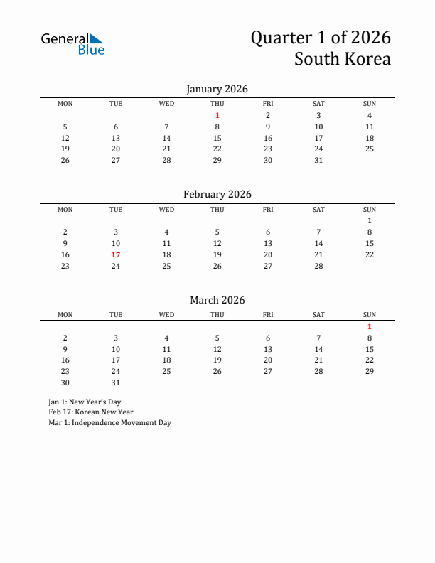 Quarter 1 2026 South Korea Quarterly Calendar