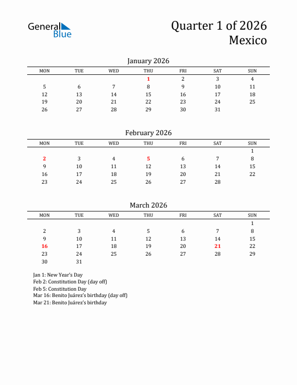 Quarter 1 2026 Mexico Quarterly Calendar