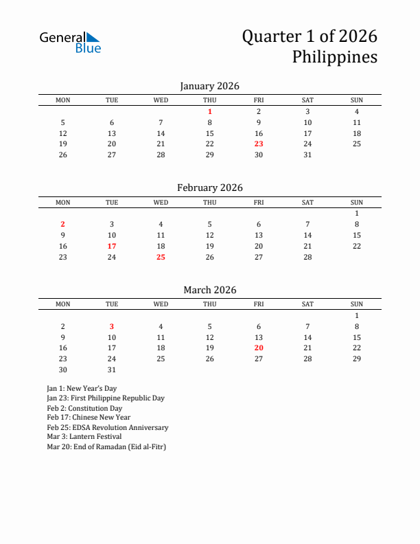 Quarter 1 2026 Philippines Quarterly Calendar