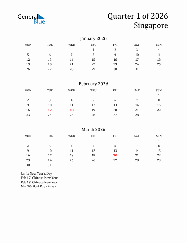 Quarter 1 2026 Singapore Quarterly Calendar