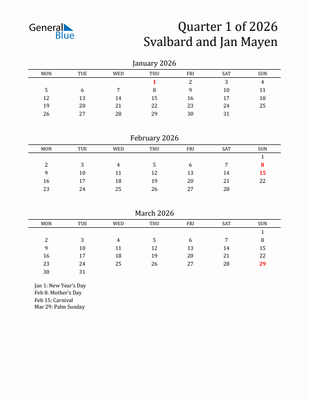 Quarter 1 2026 Svalbard and Jan Mayen Quarterly Calendar