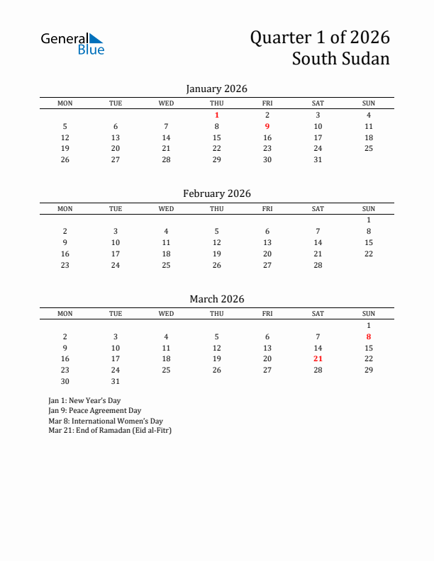 Quarter 1 2026 South Sudan Quarterly Calendar