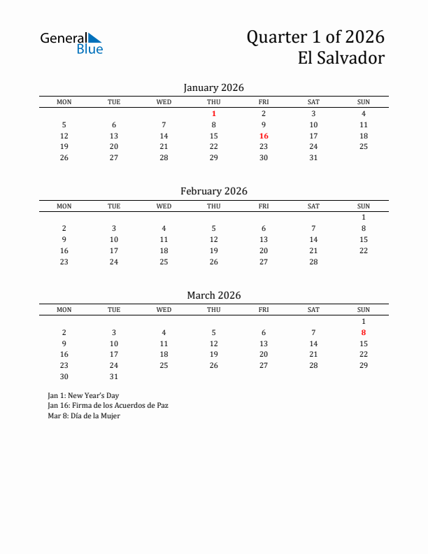 Quarter 1 2026 El Salvador Quarterly Calendar