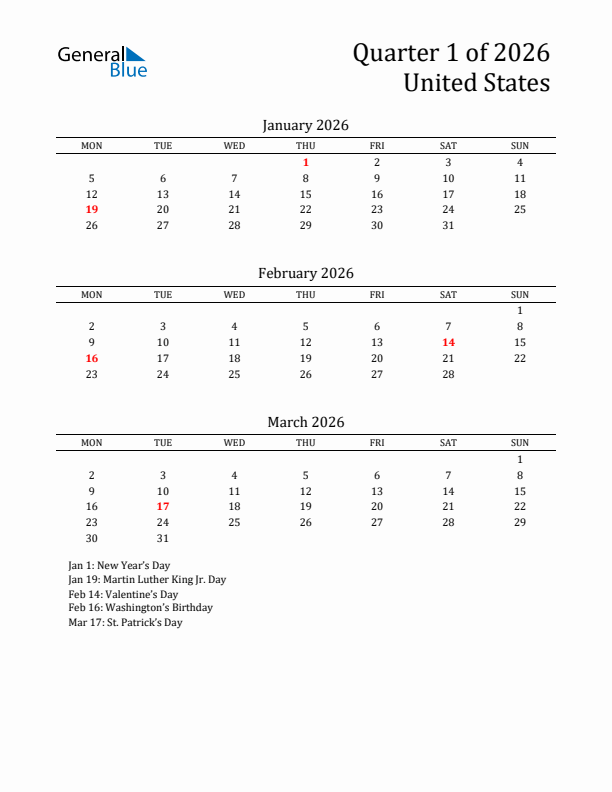 Quarter 1 2026 United States Quarterly Calendar