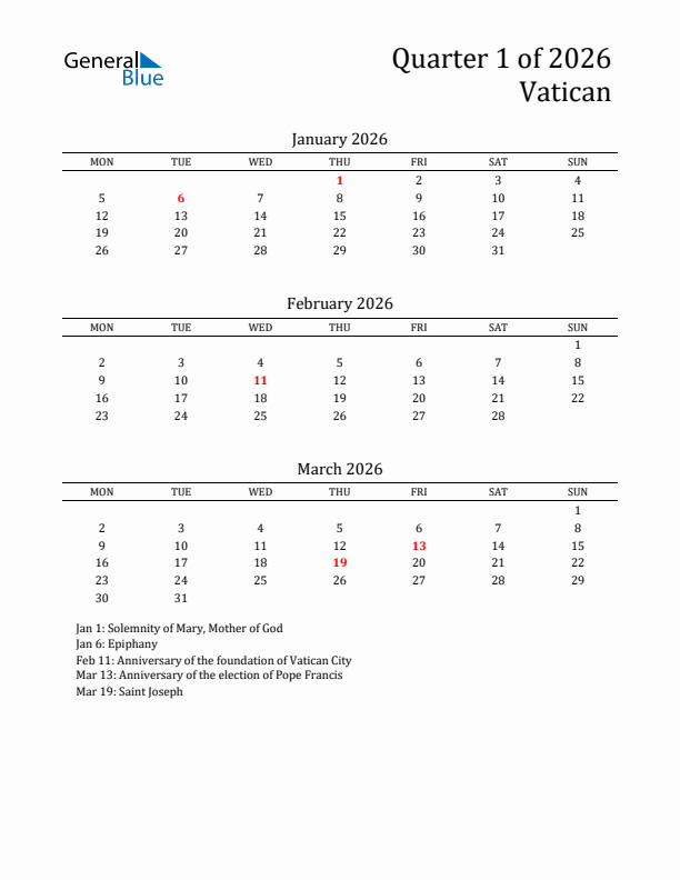 Quarter 1 2026 Vatican Quarterly Calendar