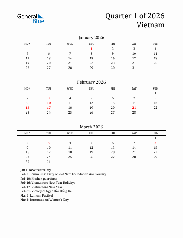 Quarter 1 2026 Vietnam Quarterly Calendar