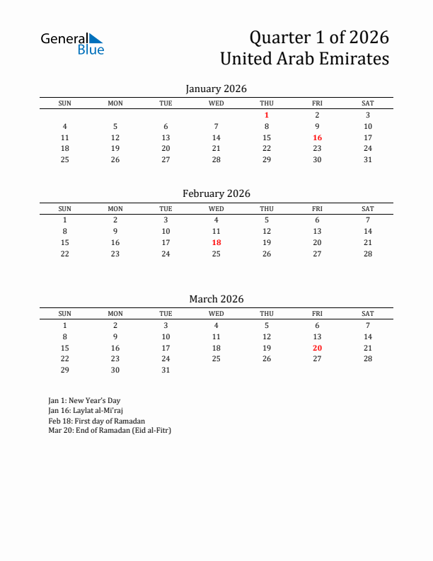 Quarter 1 2026 United Arab Emirates Quarterly Calendar