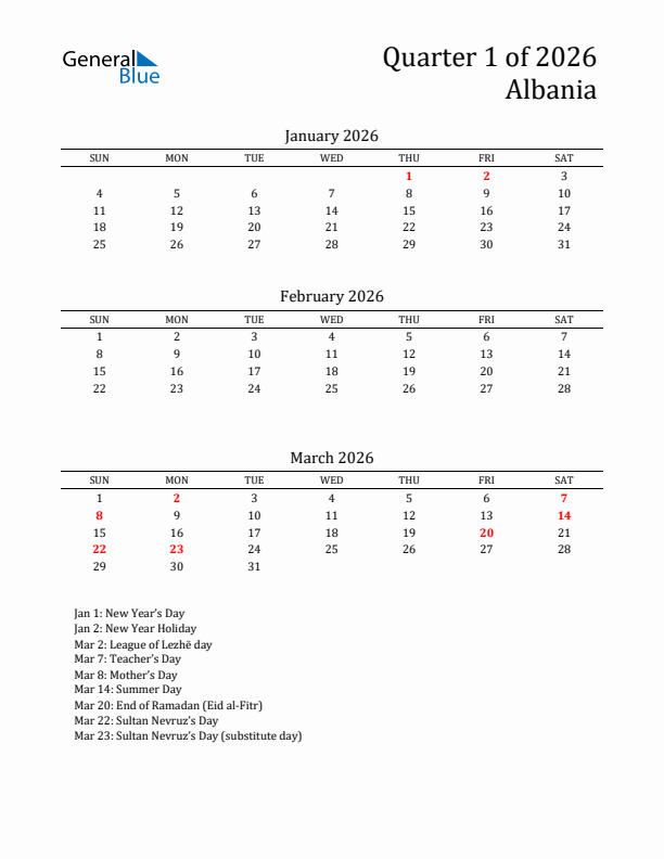 Quarter 1 2026 Albania Quarterly Calendar