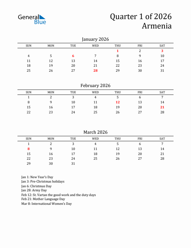 Quarter 1 2026 Armenia Quarterly Calendar