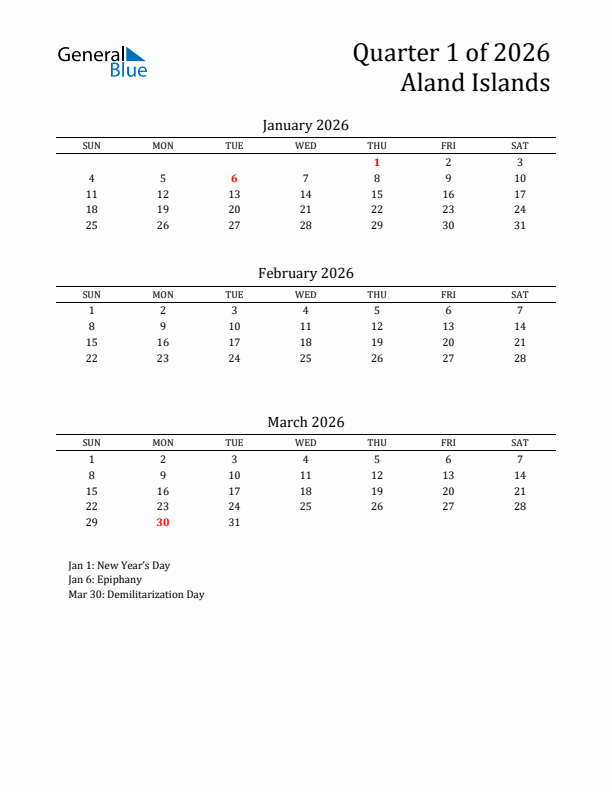 Quarter 1 2026 Aland Islands Quarterly Calendar