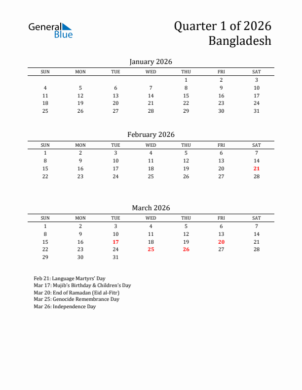 Quarter 1 2026 Bangladesh Quarterly Calendar