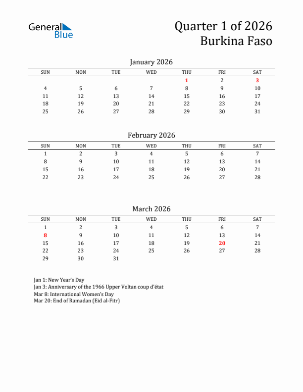 Quarter 1 2026 Burkina Faso Quarterly Calendar