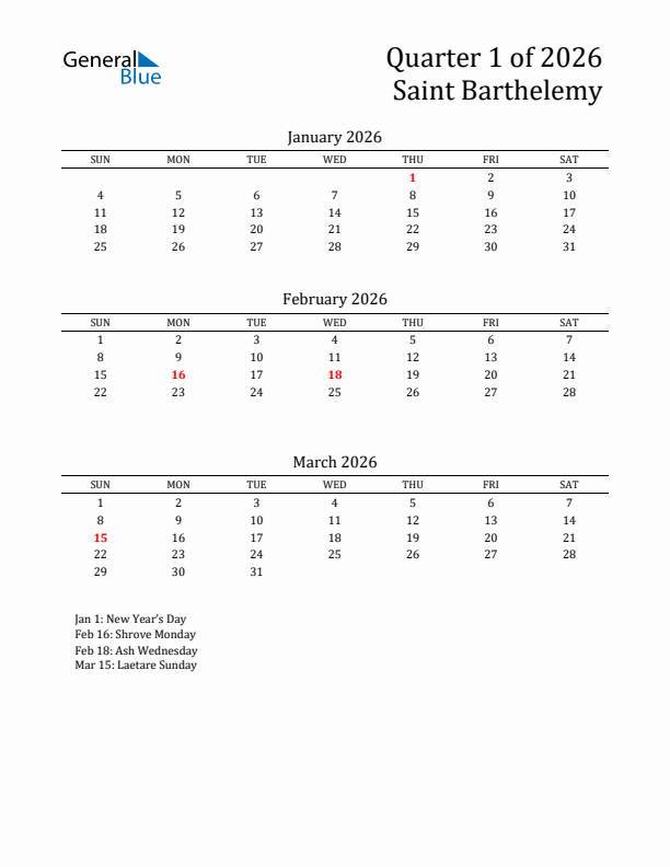 Quarter 1 2026 Saint Barthelemy Quarterly Calendar