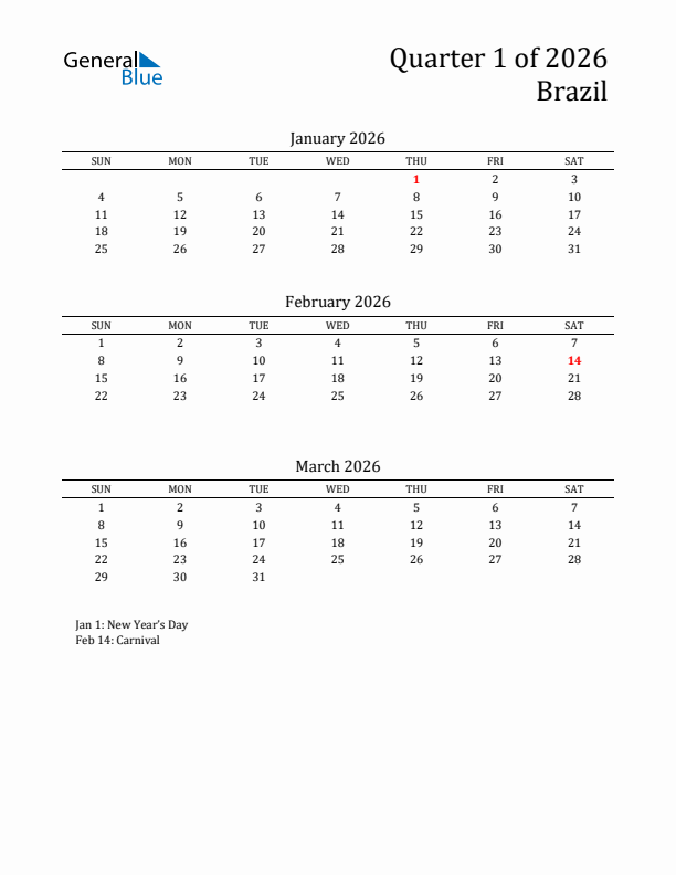 Quarter 1 2026 Brazil Quarterly Calendar