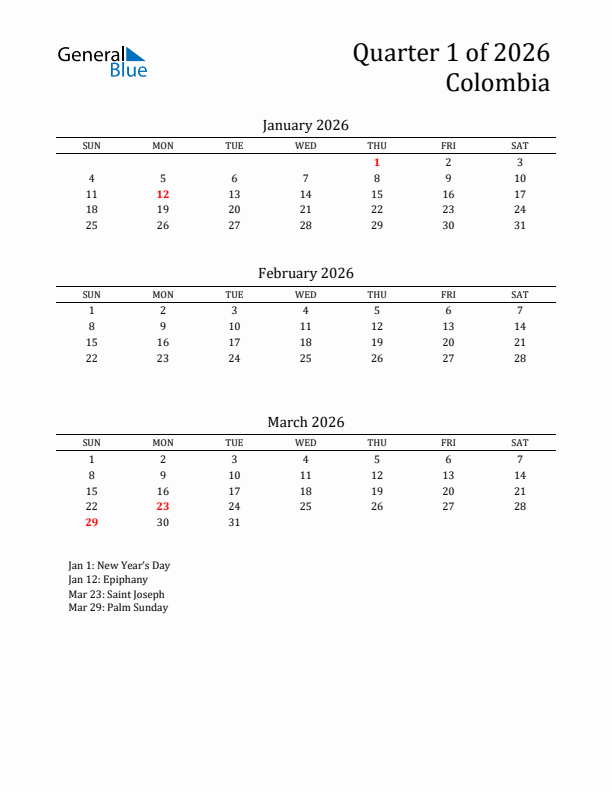 Quarter 1 2026 Colombia Quarterly Calendar