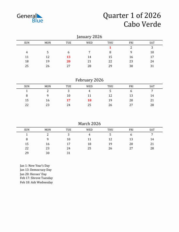 Quarter 1 2026 Cabo Verde Quarterly Calendar